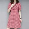 ZANZEA Women Bows Collar Summer Casual Short Sleeve Grid Print Dress