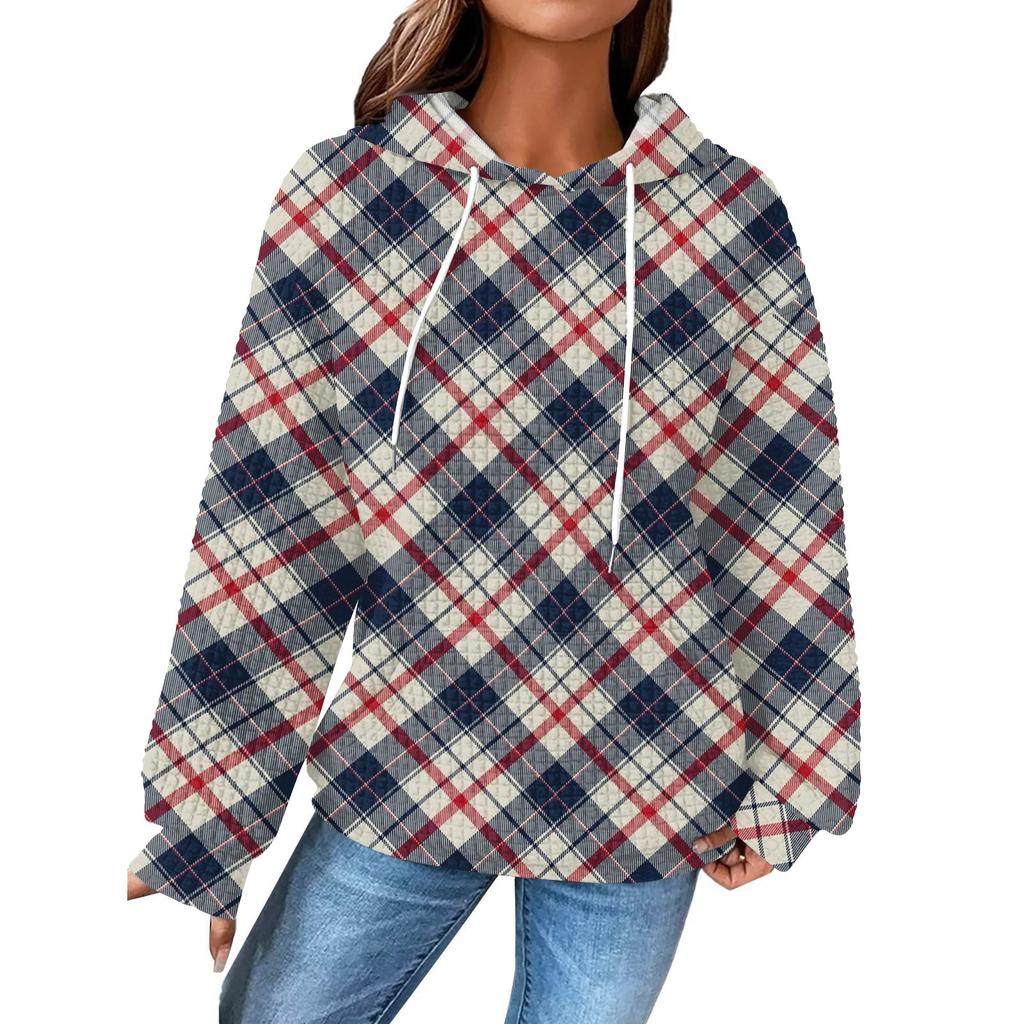 Damenmode Lockerer Kapuzenpullover Langarm Kariertes Sweatshirt mit Kordelzug Überschnittene Schultern und Tasche Print Top