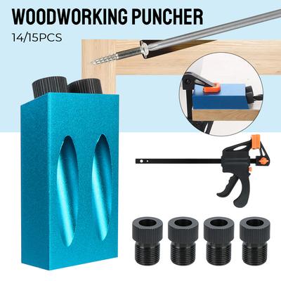 Ensemble d'outils de menuiserie à faire soi-même Guide de perçage de trous pour le travail du bois Localisateur 7/14/15 pièces Positionneur de charpentier Kit de gabarit de trou de poche à 15 degrés Perforateur de trous