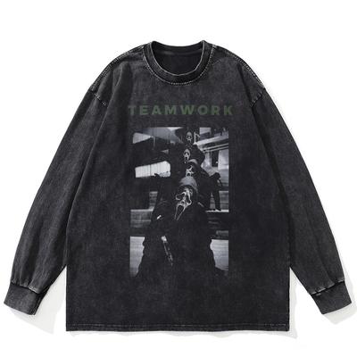 Streetwear Scream Graphic Washed Black T-Shirt Cotton Unisex Plus Size Long Sleeves T Shirt