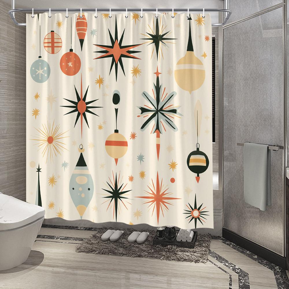 

1 шт. Рождественская шторка для душа в стиле модерн середины века, Винтажный дизайн с орнаментами и звездами, Праздничный декор для ванной комнаты W90XH180cm