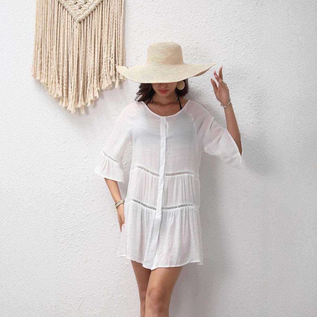 2023 Summer Solid Color Bell Sleeve Lace Beach Cover-Up Dress