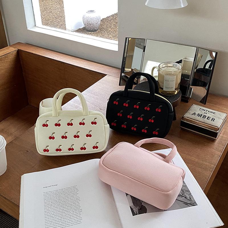 Embroidered Cherry Cosmetic Bags Handbag Earphone Lipsticks Sanitary Pads Storage Organizer Pouch Portable Women's Makeup Bag
