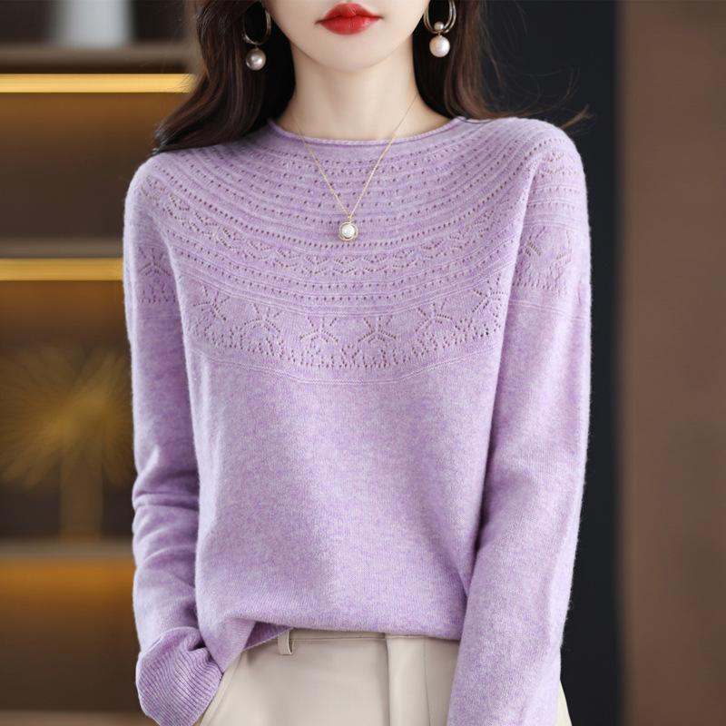 One-line Ready-to-wear Rolled Round Neck Hollow Cardigan for Women In Autumn and Winter Loose and Versatile Cashmere Knitted Base Shirt Top