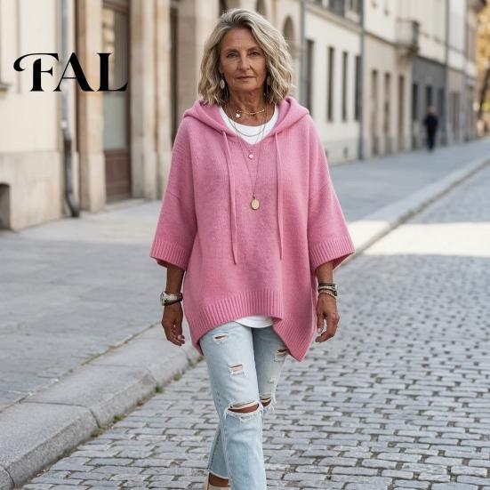 Women Winter Sweater Autumn Knit Pullover Sweater, Loose Fit Drawstring Hooded Casual 3/4 Sleeve Drop Shoulder Solid Color Long Tops