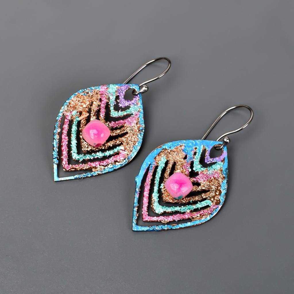 Natural Pink Sapphire Copper Multi Electroformed Art Deco Drop Dangle Earrings V-90
