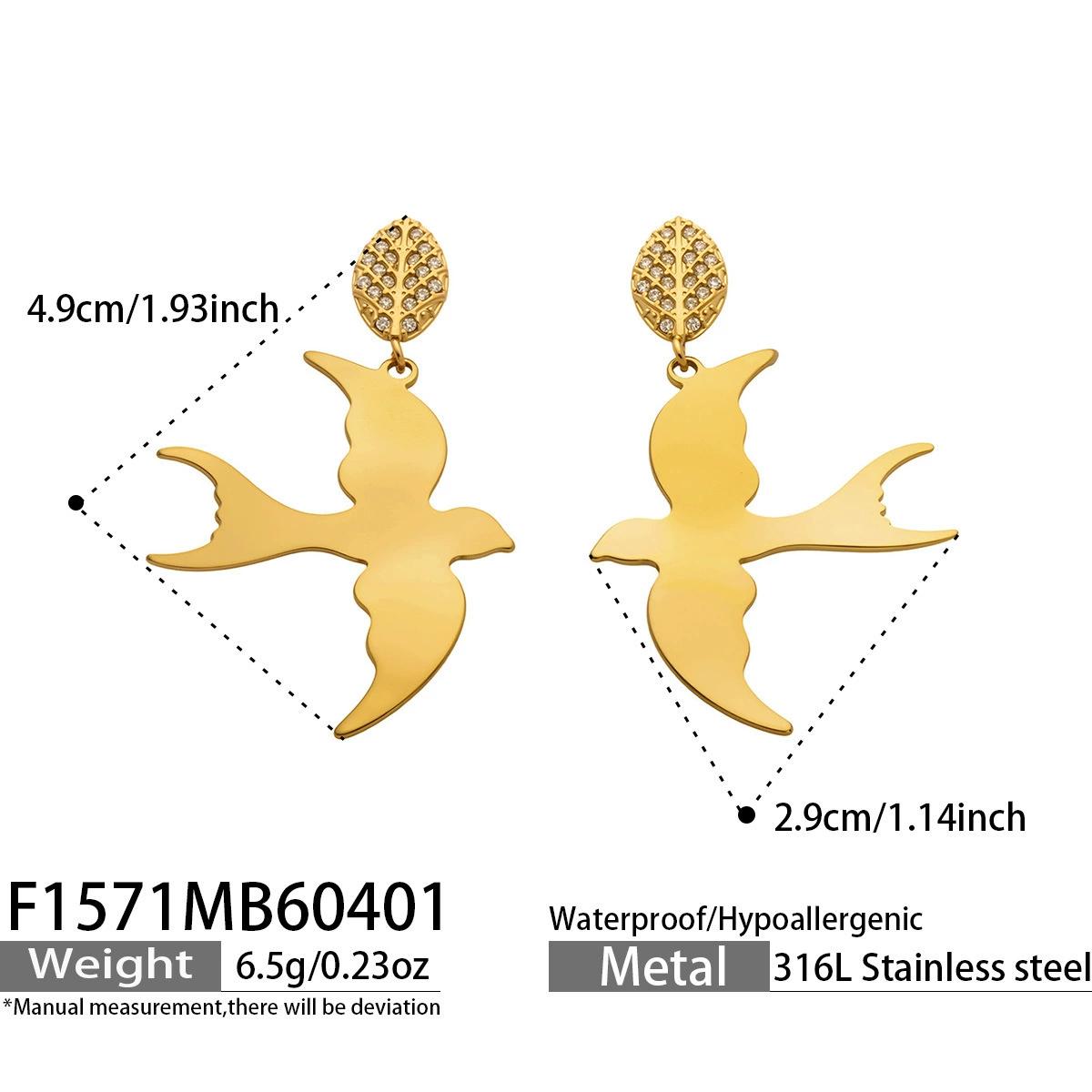 Stainless steel swallow-shaped earrings, 18K gold zircon leaf drop earrings for women, unique design and personalized earrings Gold Earrings