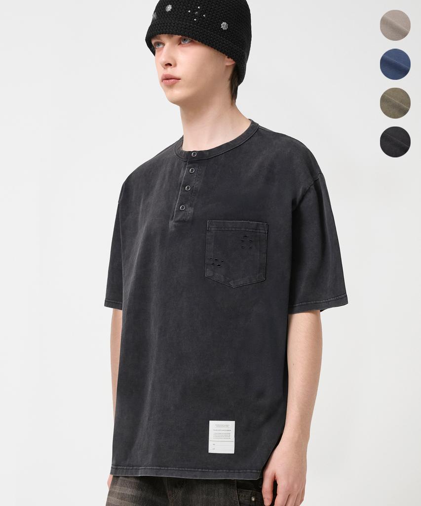TRILLION Vintage Work Patch Pigment Henley Neck Short Sleeve_4Color