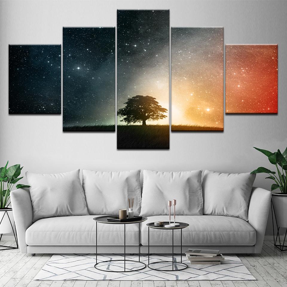 The Tree with Starry Sky Landscape 5 Piece Canvas Wallpapers Modern Poster Modular Art Painting for Living Room Home Decor
