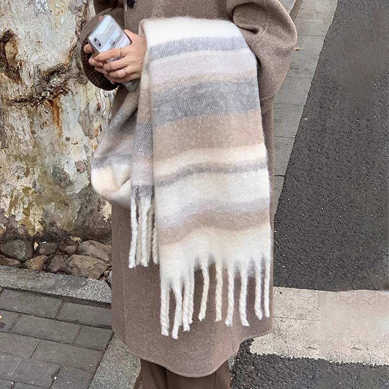 Winter New Mohair Striped Women Scarf Girls Female Warm Thickened Long Scarves Soft Coarse Braid Tassel Shawl Retro Wrap Shawls