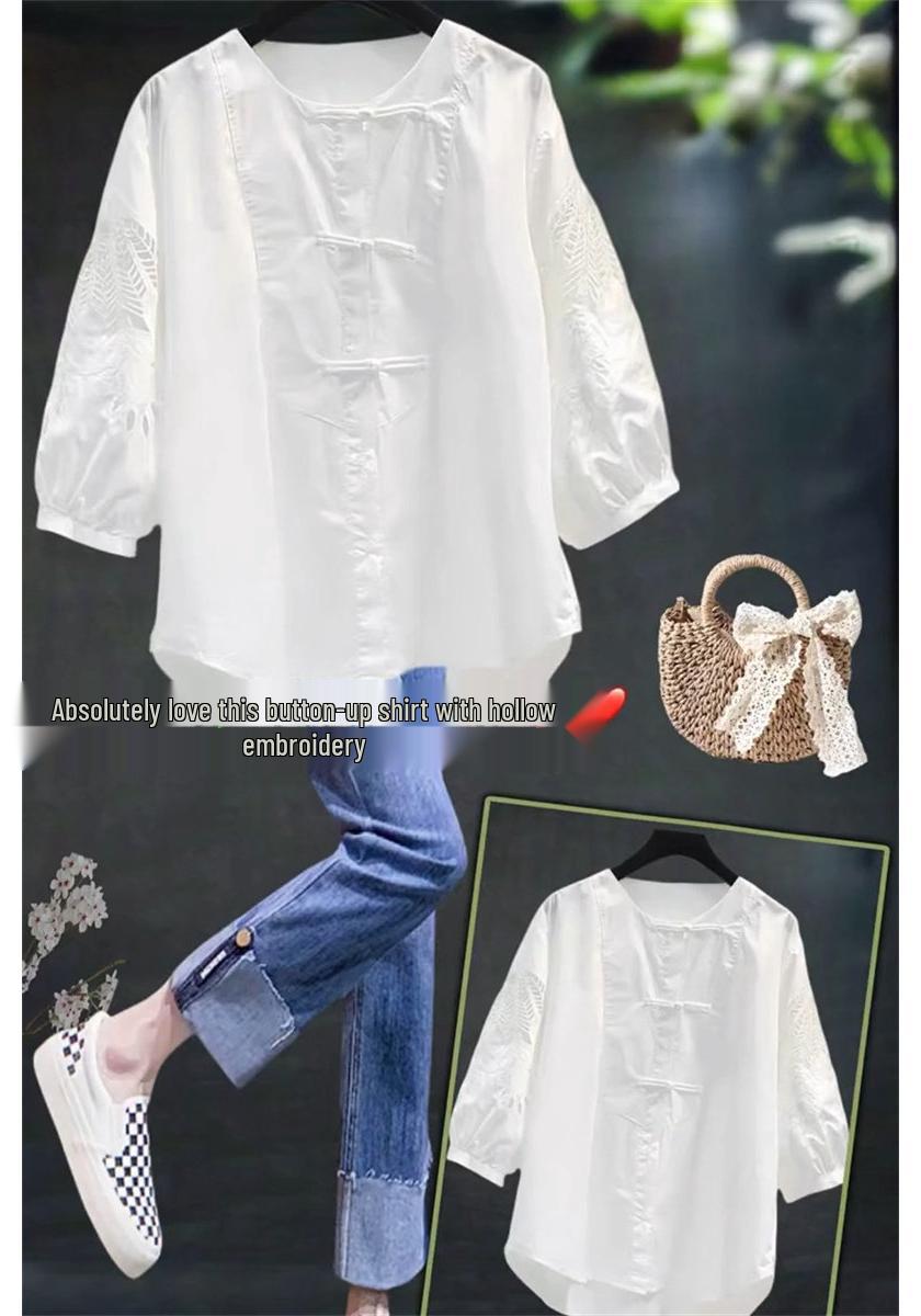 2026 Summer New Chinese Style Loose Hollow Frog Button Round Neck Shirt for Women Extra Large
