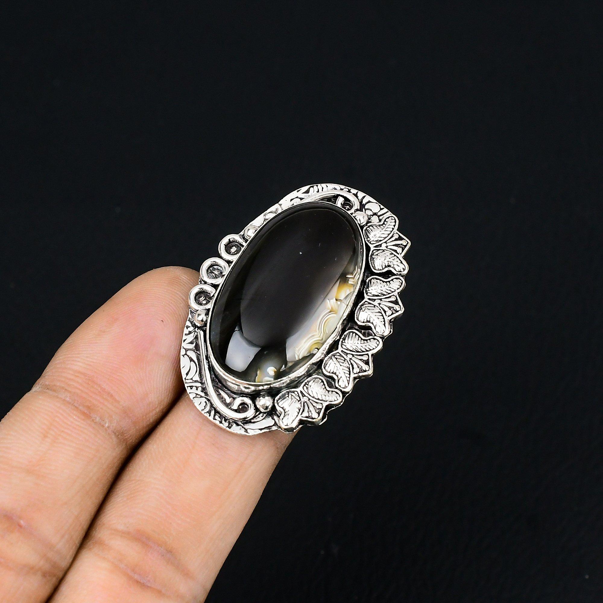 

925 Sterling Silver Oval Crazy Lace Agate Gemstone Unique Statement Ring Size 7 7