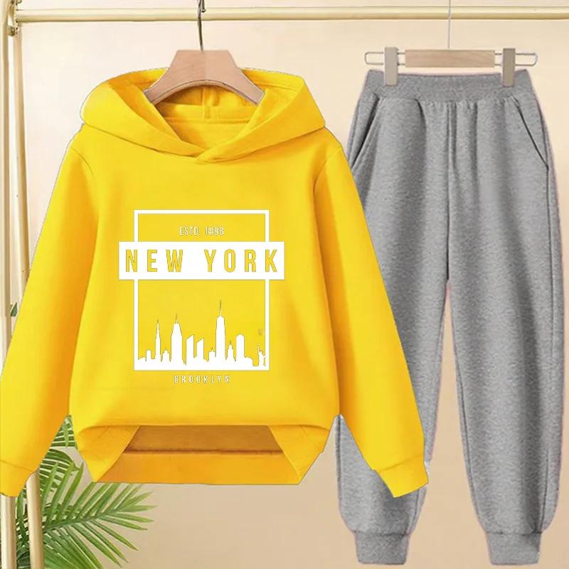 Spring Autumn New York BrookLyn Letter Print 2pcs Hoodie+Pants Tracksuits 3-13 Years Boys Girls Streetwears Children Clothes