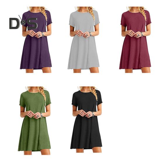 Letní mini šaty s krátkým rukávem, áčkového střihu, s kulatým výstřihem, jednobarevné, délka nad koleno, jednoduchý styl, krátké šaty na rande, plážovou párty