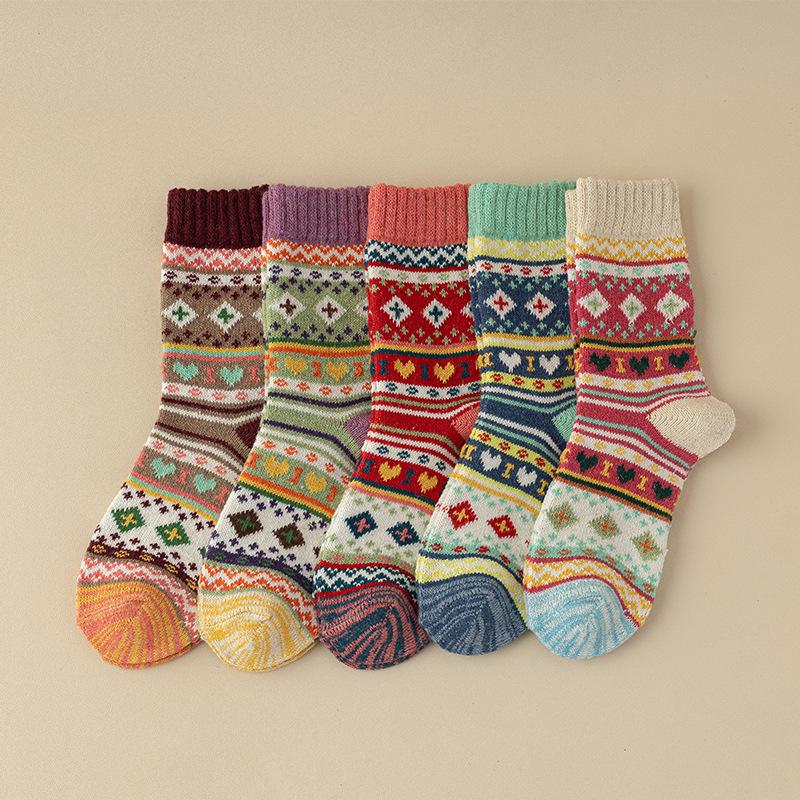 5 Pairs of Women Retro Thickened Warm Ethnic Wind Rabbit Wool Mid Tube Socks