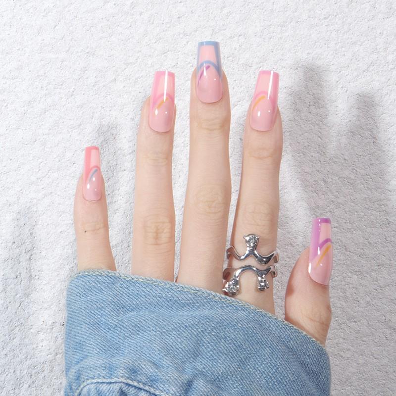 Rainbow French Press-On Nails UV Printed Nail Tips Reusable Acrylic False Women