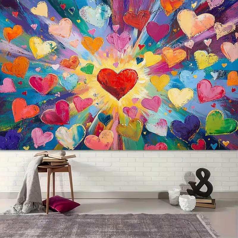 Whimsical Heart Art Tapestry, Burst of Multicolored Hearts in an Impressionist Style, Joyful Modern Wall Art