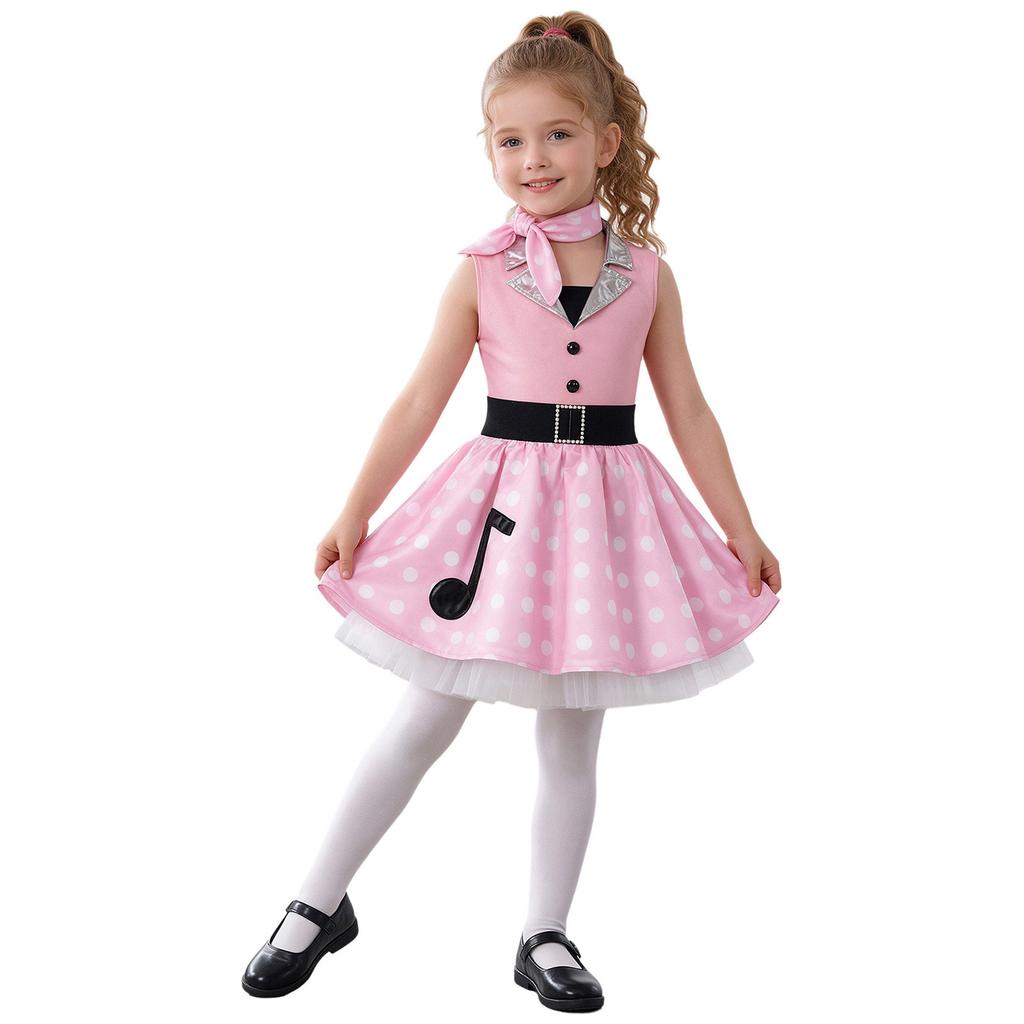 Kids Girls 50s Vintage Polka Dot Dress Metallic Lapel Collar Sleeveless with Neck Scarf for Retro Birthday Halloween Theme Party