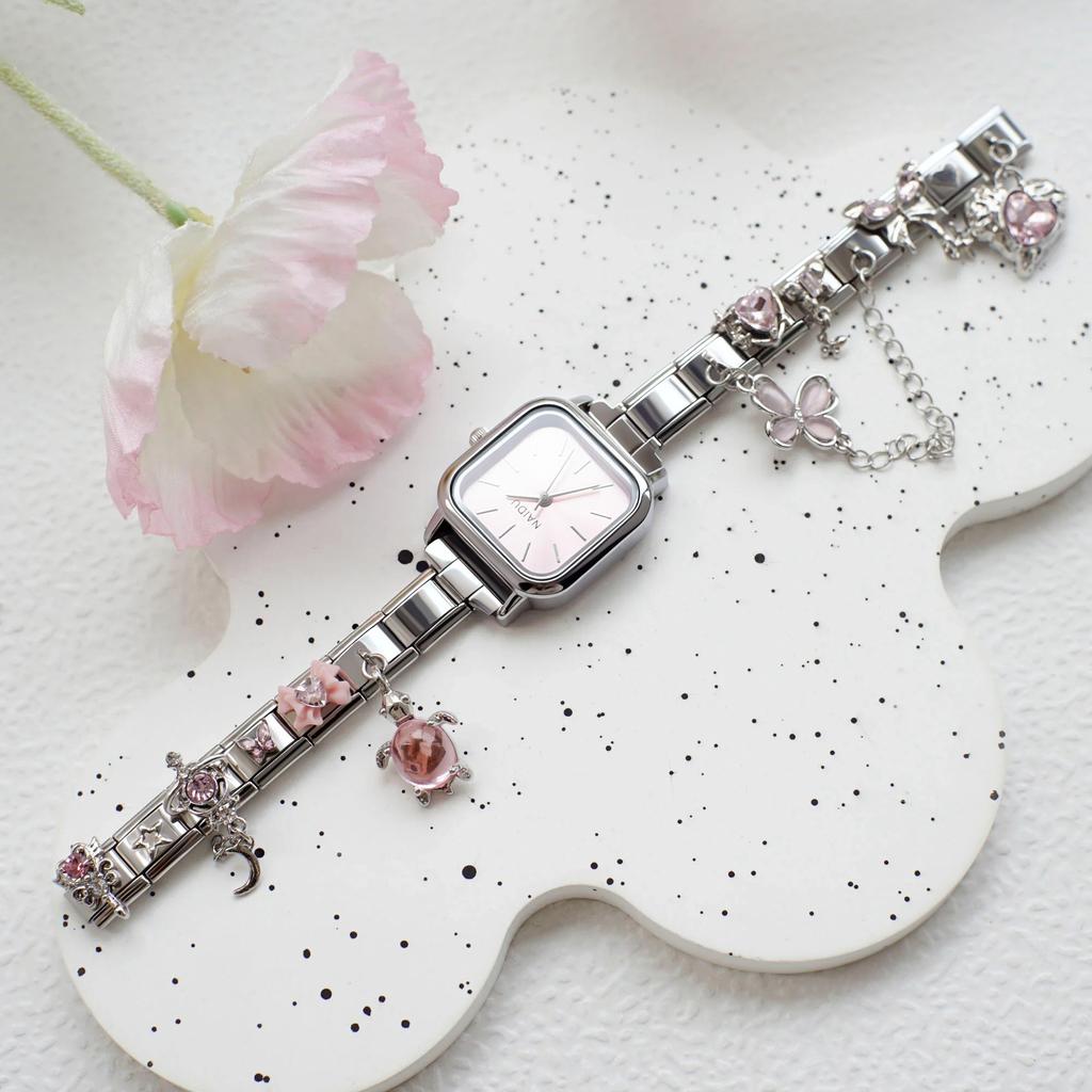 Italian Charm Bracelet Watch Stainless Steel Square Module Bracelet Watch Diamond Pendant 9mm Italian Charm Watch for Women
