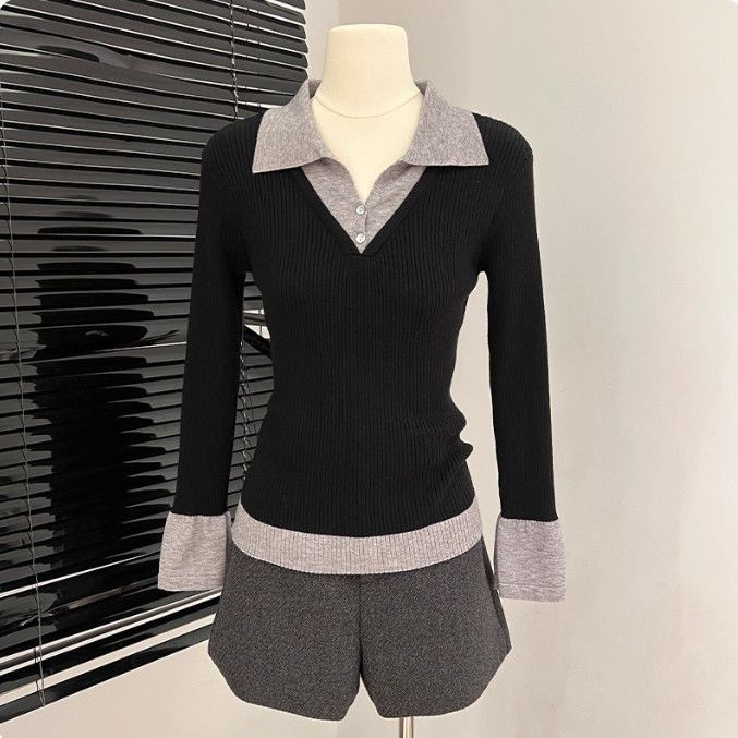 Women's Color-block Polo Knit Sweater Autumn Winter Slim-fit Stretchy Knit Sweater Soft Skin-friendly Knit Pullover