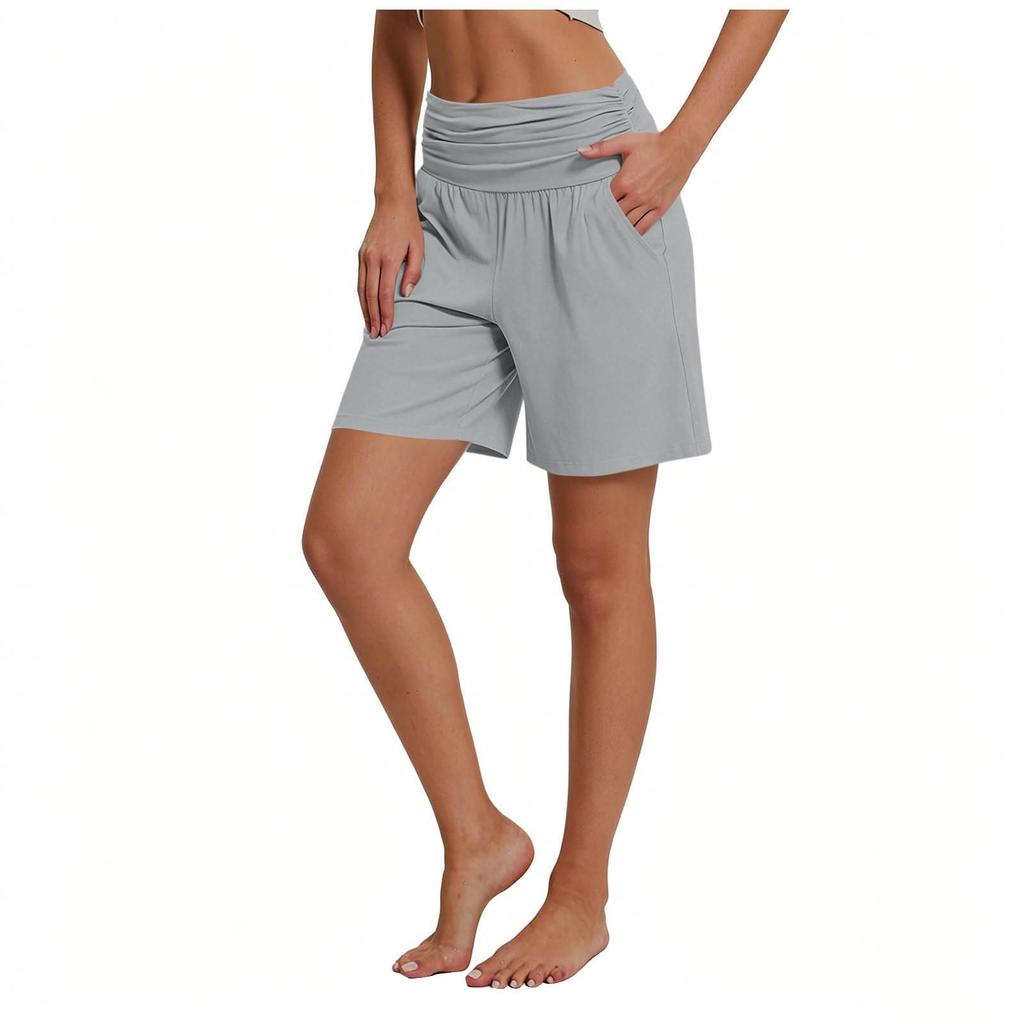 Women's Casual High Waist Elastic Shorts with Pockets Comfortable Lightweight Soft Fabric Mid Length Lounge Shorts for Daily Wear