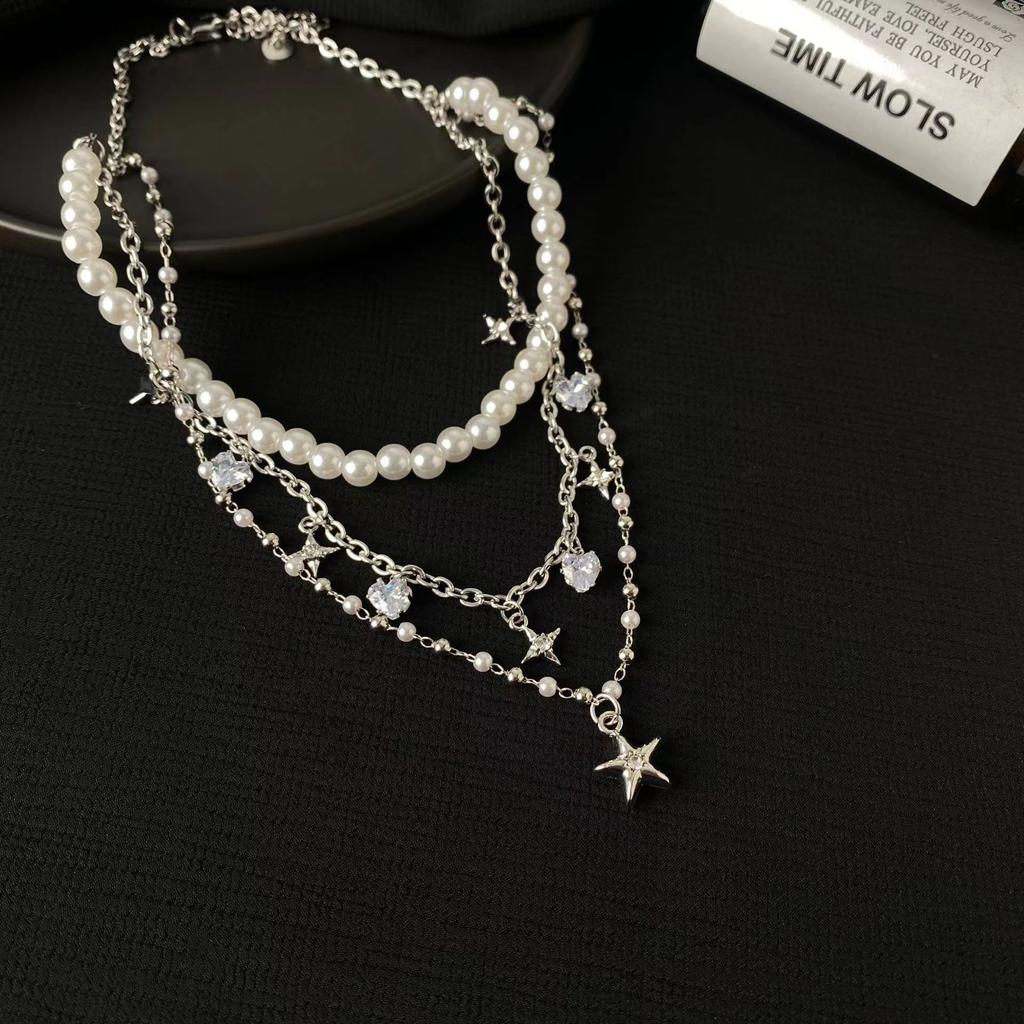 Zircon star pendant, pearl necklace, women's double-layer stacked wear, light luxury niche collarbone chain, neck chain 1111 new accessories