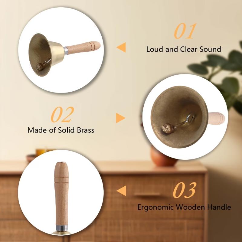 Ultra-Loud Solid Brass Hand Bell with Wooden Handle for Home Weddings Animal Training Office Dinner Meditation