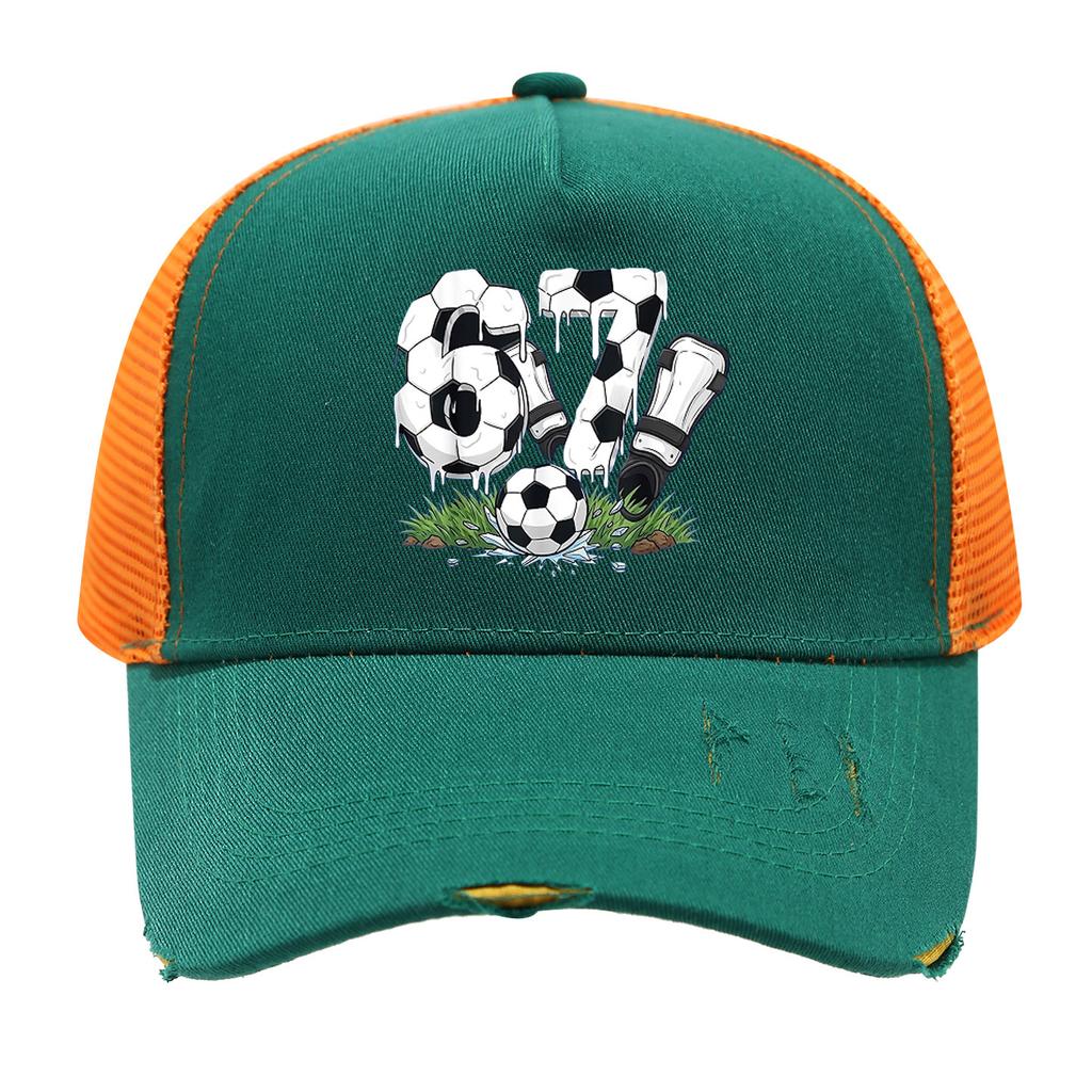 1PC Mesh Trucker Hat, Breathable, Distressed Brim, 3D Soccer 67 Print, Retro Streetwear for Men Women