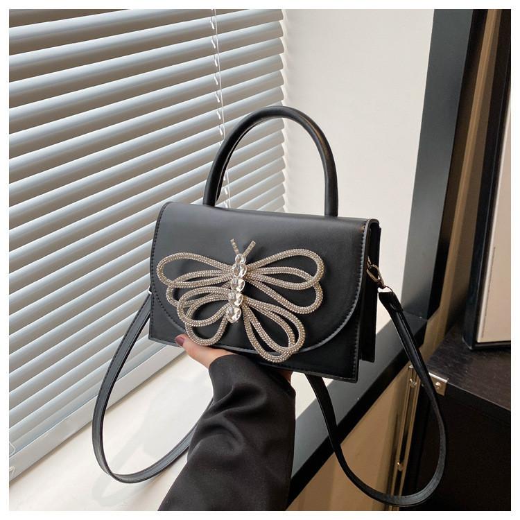 Stylish Urban Minimalist Pu Small Square Women s Bag With Shiny Diamond Butterfly Bow чёрный