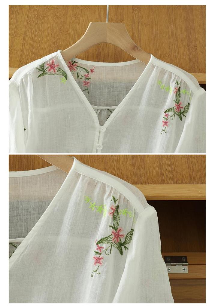 Summer 2025 Women’s V-Neck Chinese Embroidery Shirt: Retro, Loose, Slimming Design