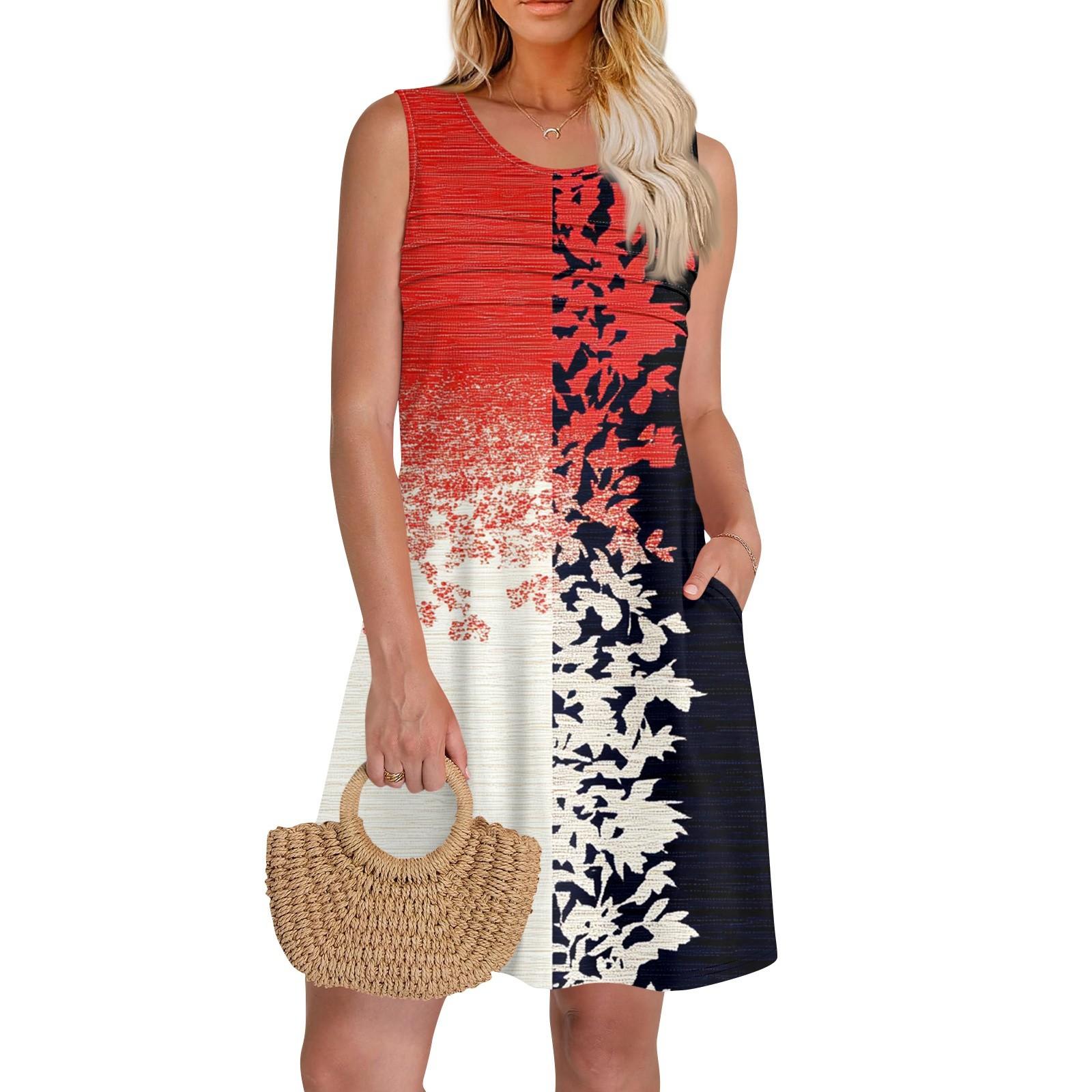 

Женские летние платья с круглым вырезом, плиссировкой спереди, без рукавов, карманами, сарафаном, повседневным платьем M красный