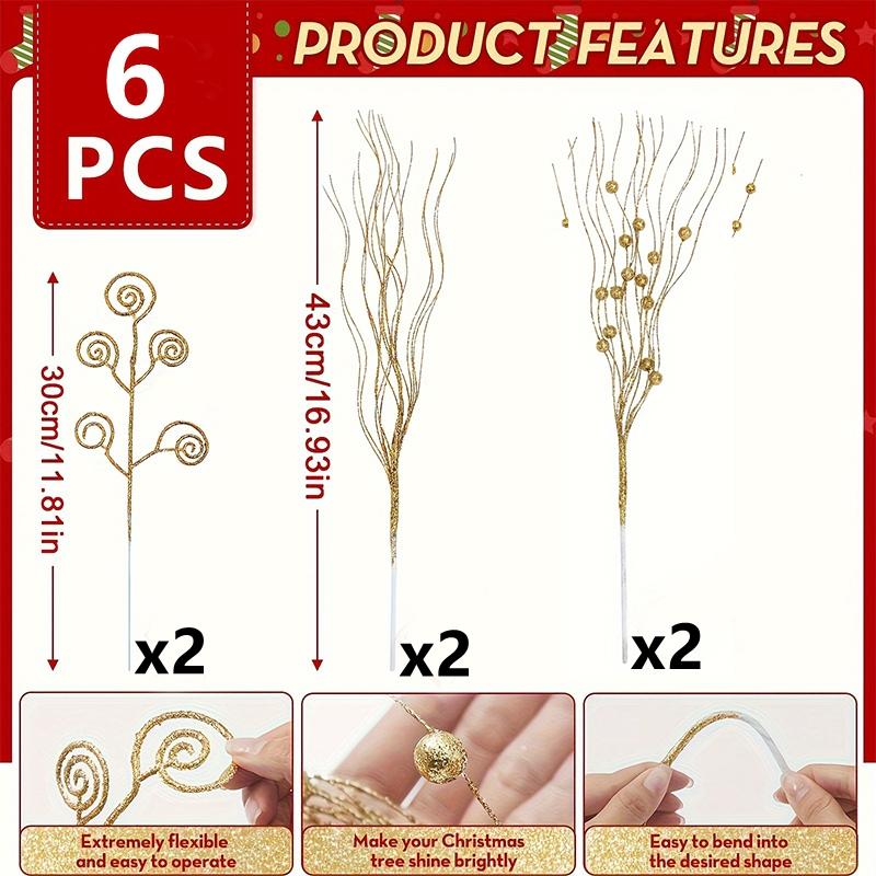 

6Pcs Glitter Artificial Berry Bouquet Fake Plant Christmas Decoration for Home Decor Christmas Tree DIY Wreath Navidad Accessory 6Pcs золотой