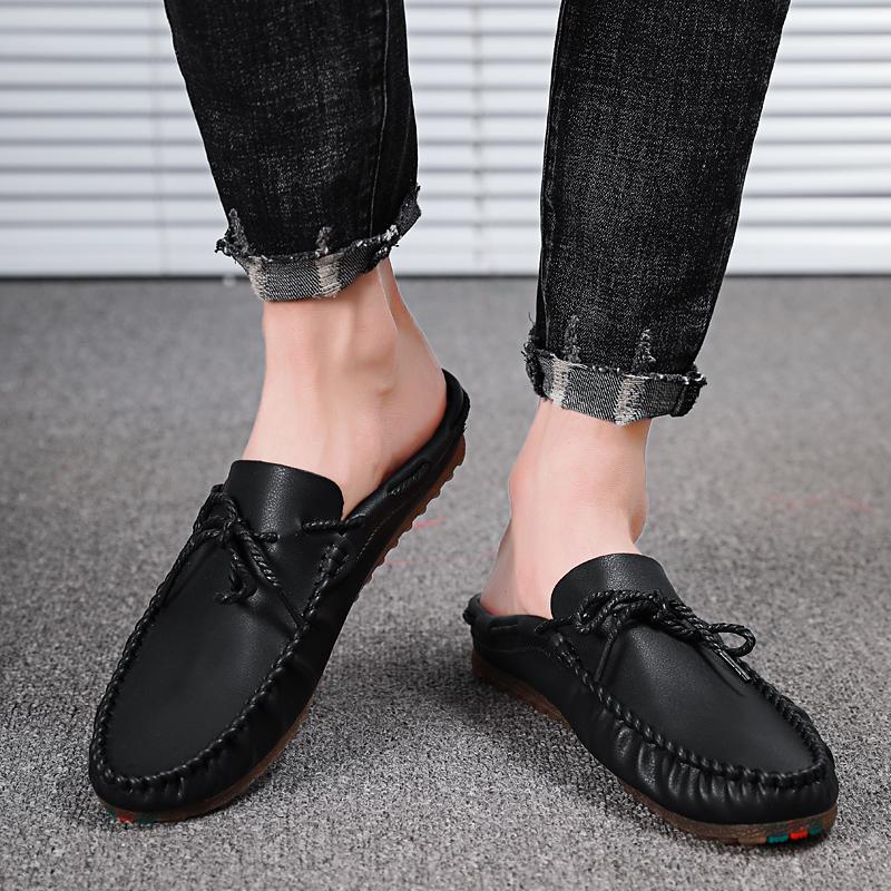 2025 Summer Half Shoes For Men Mules Man Slides Bowknot Slip On Flats Men Driving Shoes Leather Semi-Drag Loafers Slippers