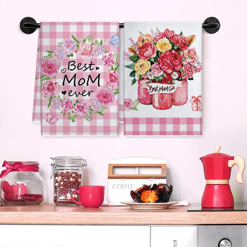 Mother's Day Pink Plaid Floral Kitchen Dishcloth Gift