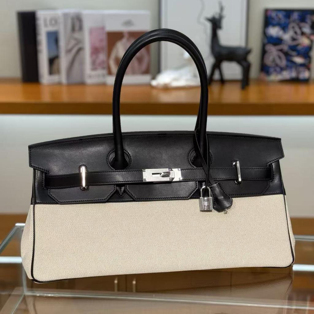 Cross-Border New Style 42cm Long Handheld Genuine Leather Metal Bag Stitched Cowhide Bag Large Capacity Underarm Bag Single Leather Bag