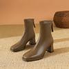French high-heeled small short boots women's 2024 autumn and winter medium boots brown thick heel square head leather boots new thin boots