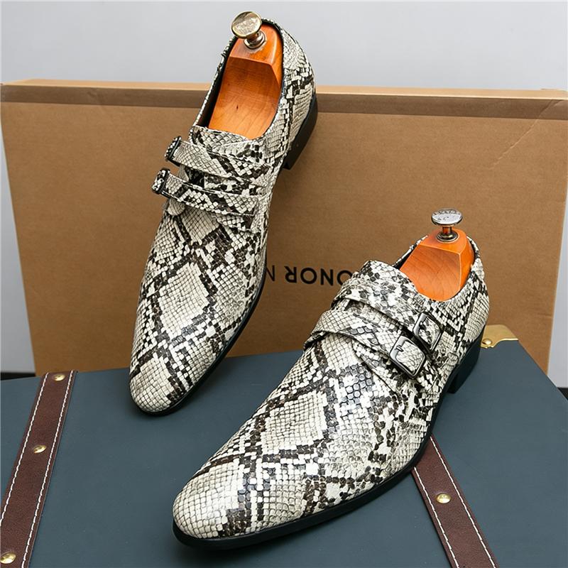 Britain New Gentleman Pointed Snakeskin Pattern Casual Shoes for Men Designer Monk Strap Loafers Formal Wedding Dress Footwear