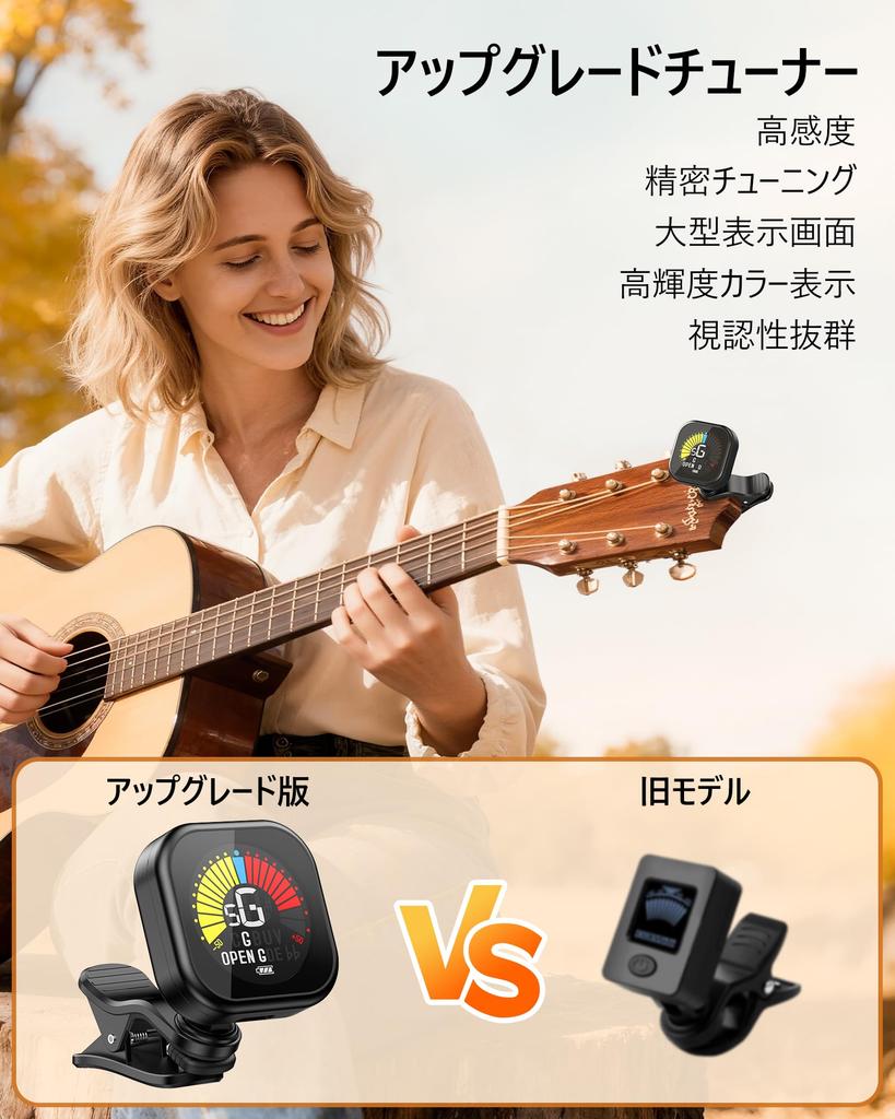 New Bee GT30 Rechargeable Guitar Tuner with LCD Fast and Precise Compact and Function High-Brightness Screen, 360° Rotation, Tuning, Design, Auto-Off
