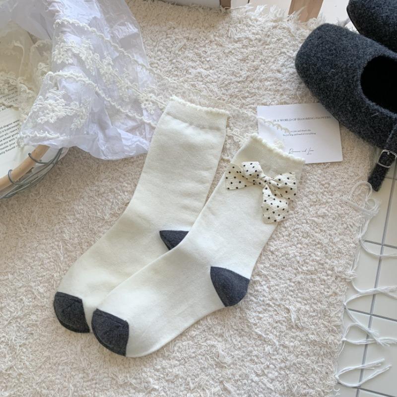 Autumn Polka Dot Bow Mid-calf Socks for Women, Sweet Bubble Mouth Lace Pile Cotton Socks