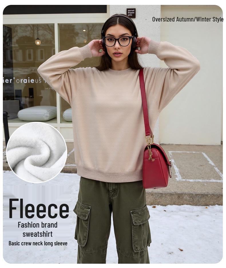 2025 Women's Solid Color Round Neck Sweatshirt - Basic Style, Trendy Brand, Loose Fit, Casual Fleece, Long Sleeve, Hoodless Top
