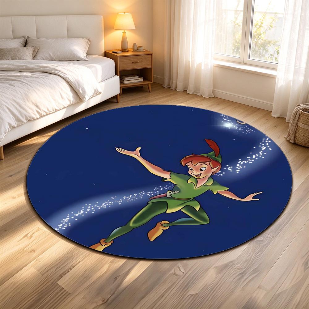 Round Rug Peter Pan Flying Tinker Bell Pixie Dust Starry Trail Navy Blue Classic Cartoon Decor