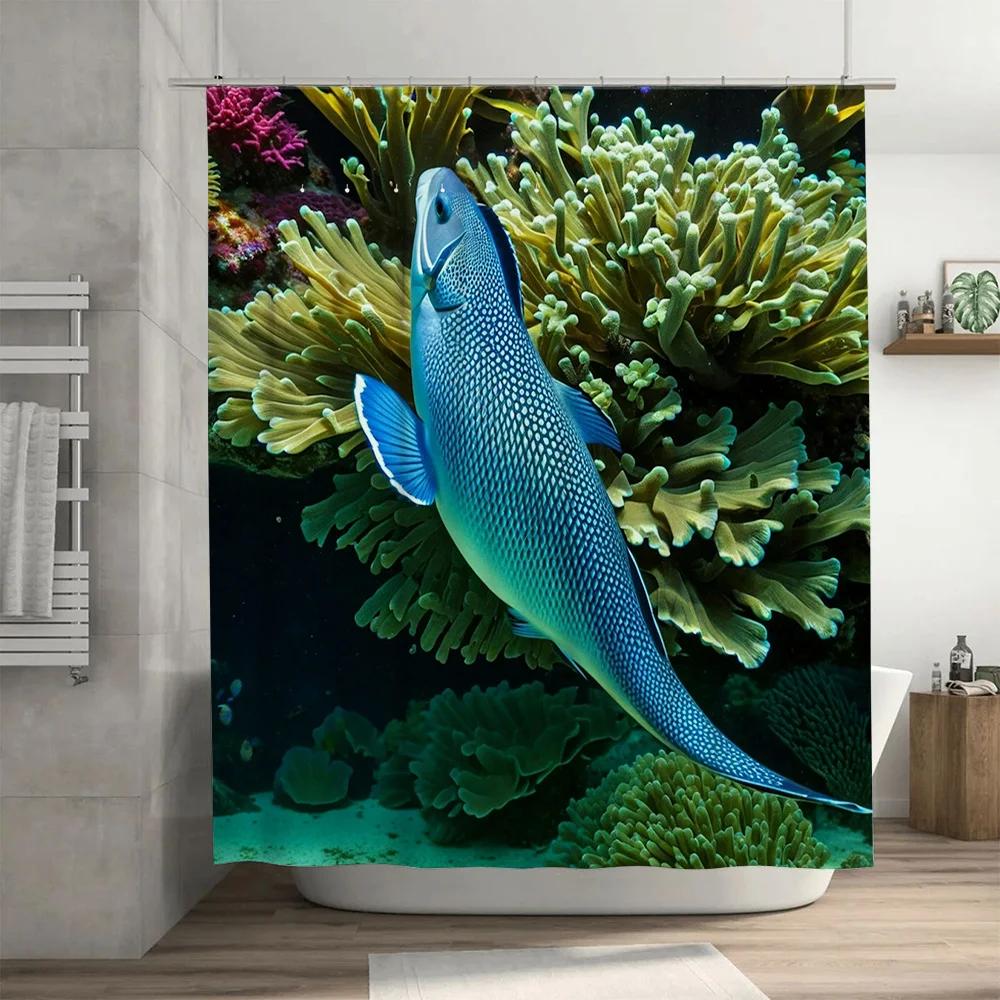 Blauer Fisch Korallenriff Duschvorhang 3D-Druck Wasserdicht Wohnkultur Badezimmer-Einsatz Optionen für Modernes Badezimmer