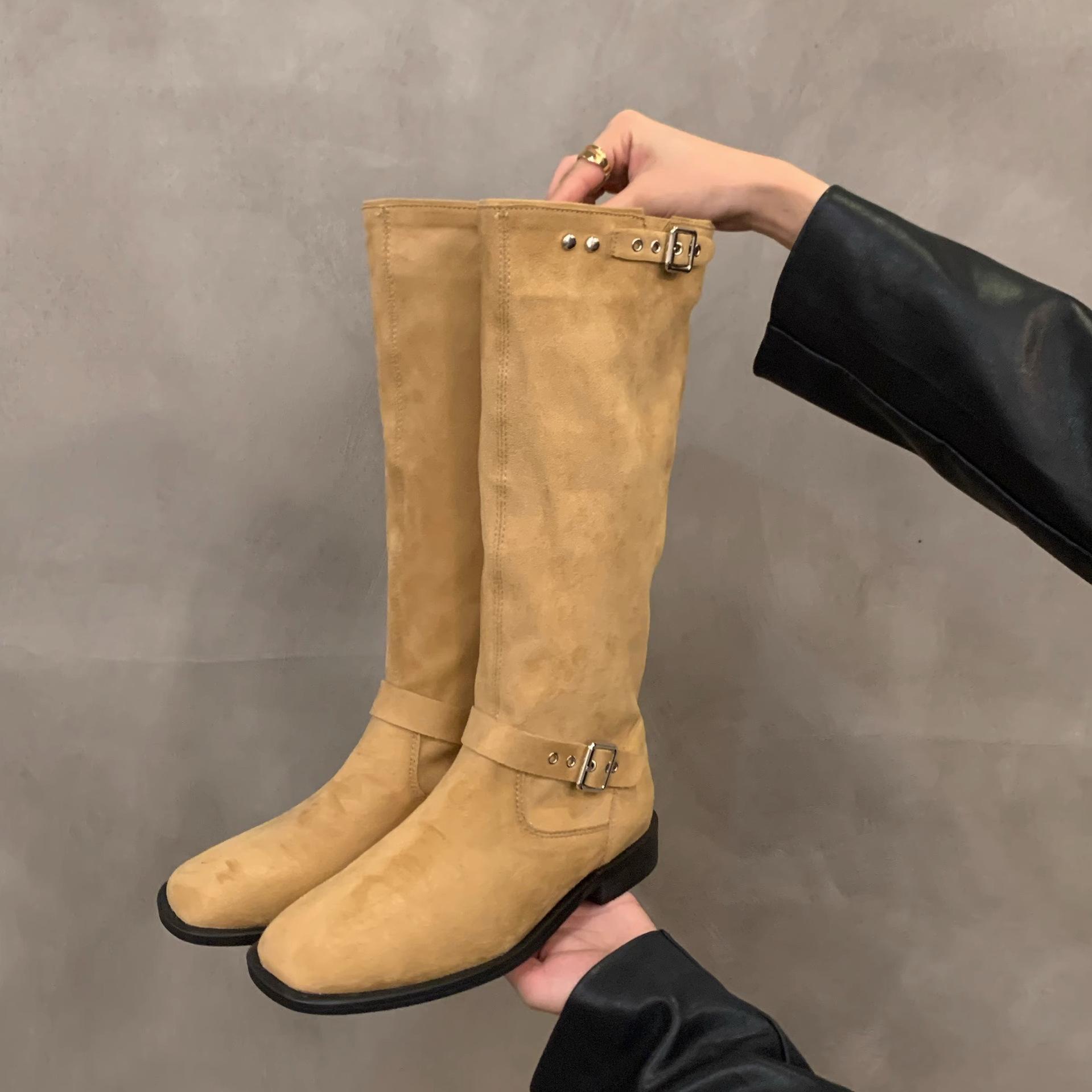 

2025 осень ретро высокие западные стрейч-сапоги женские сапоги на низком каблуке из матовой кожи, но сапоги до колена 42 имбирный