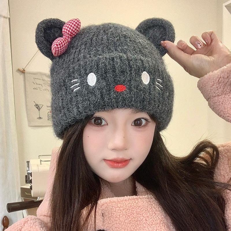 Cute cat wool hat containing wool hat autumn and winter thickened warm knitted hat sweet ear protector headgear cold hat