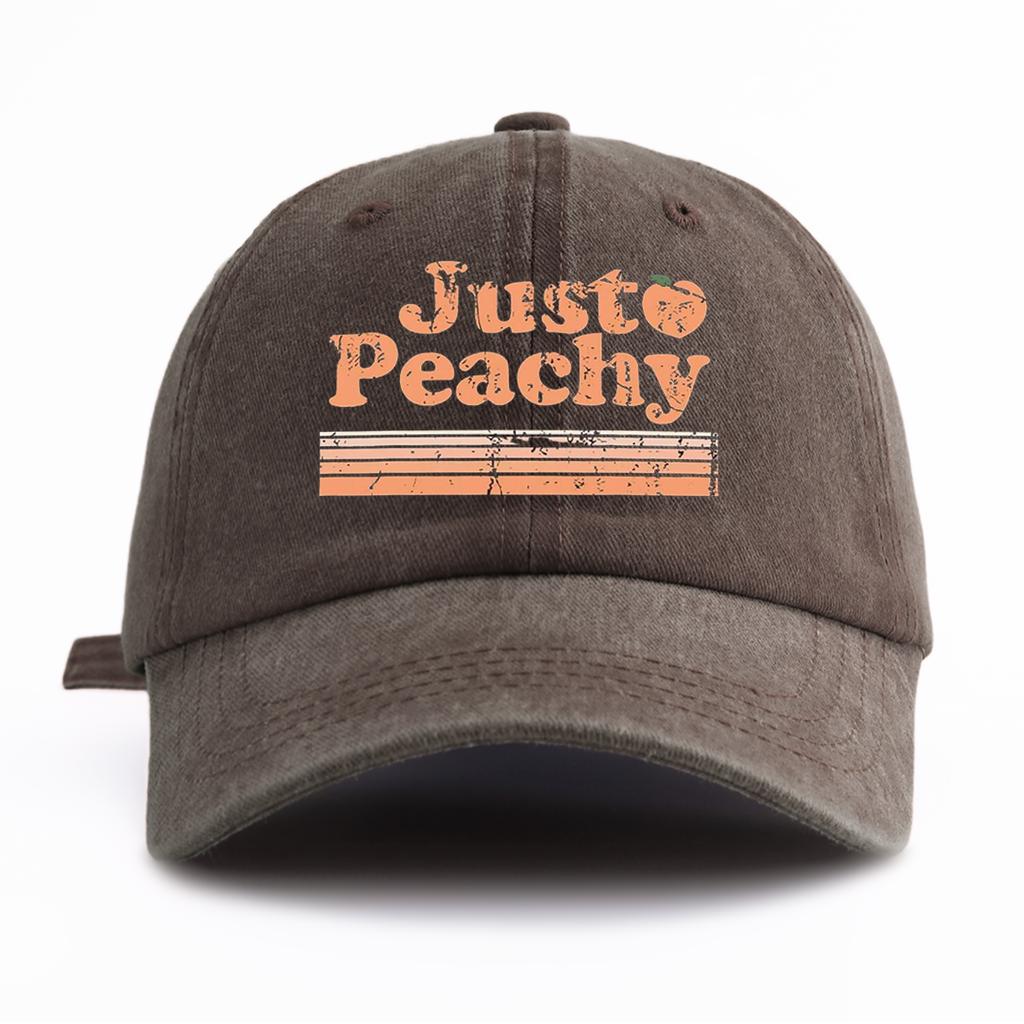 1pc JUST PEACHY Print Washed Baseball Cap for Adults,Minimalist Retro Style Casual Soft Adjustable Dad Hat, Perfect As Gift