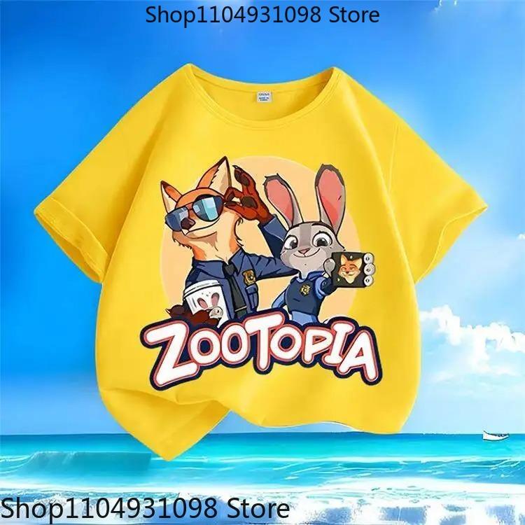 Pure Polyester Kids Short Sleeve Tee 2026 New, Zootopia Judy Nicky Cartoon Print Round Neck Casual Tops For Small Medium Children