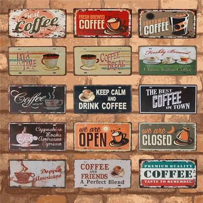 Offene und Geschlossene Kaffeebar Metallschild Wandkunst Wandmalereien Vintage Blechposter Shabby Plakette Retro Teller Pub Café 3D Heimdekoration