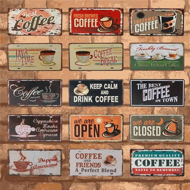 Open and Closed Coffee Bar Metal Sign Wall Art Murals Vintage Tin Poster Shabby Plaque Retro Plates Pub Cafe 3D Home Decoration