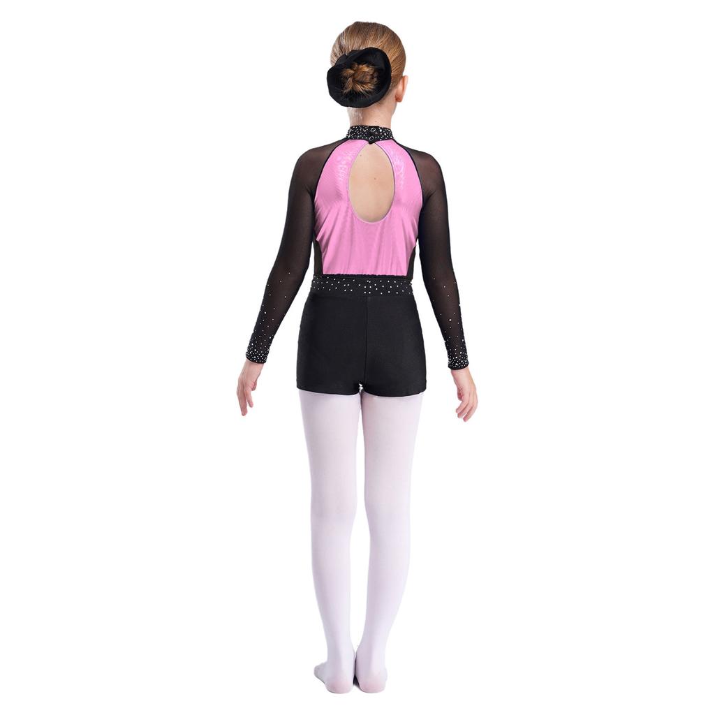 Mädchen Mesh Langarm Turnanzug Strass Shorts Kopfschmuck Gymnastik Tanz Performance Set