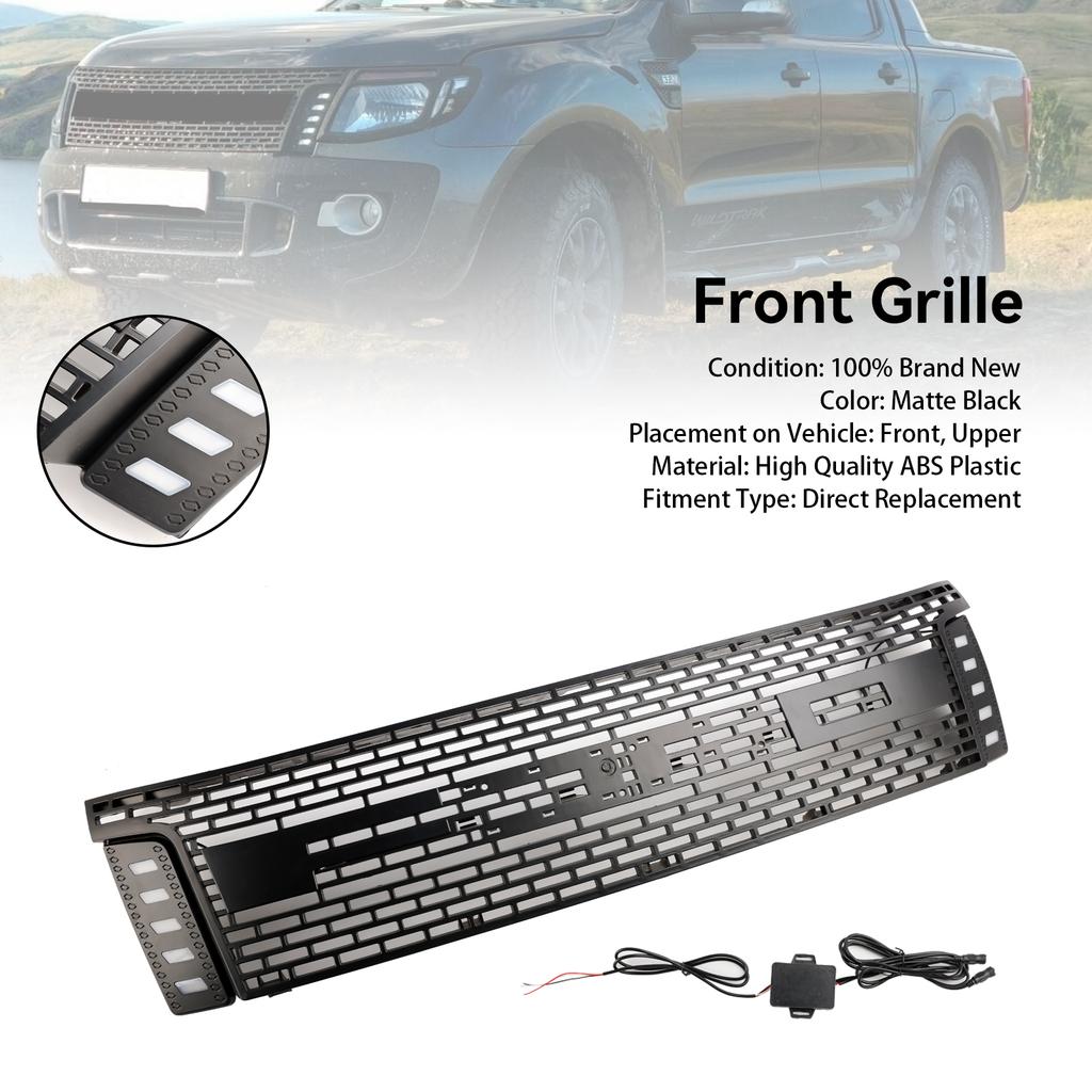 Matt Black Front Bumper Grill Grille Fit Ford Ranger T6 2012-2014 W/ LED Light